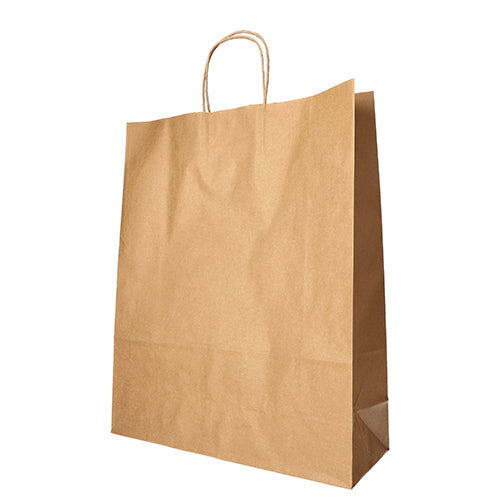Eine PAPSTAR GmbH Tragetasche aus Papier mit gedrehtem Tragegriff steht leer und unbedruckt aufrecht vor weißem Hintergrund – ideal für umweltbewusste Tragetaschen-Bedürfnisse. Packung: 25 Stück, Produktname: PAPSTAR 25 Tragetaschen.