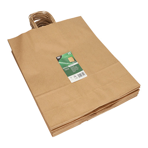 Obenauf liegt ein Stapel PAPSTAR 25 Tragetaschen aus Papier mit gedrehtem Tragegriff von PAPSTAR GmbH und grün-weißem Produktetikett.