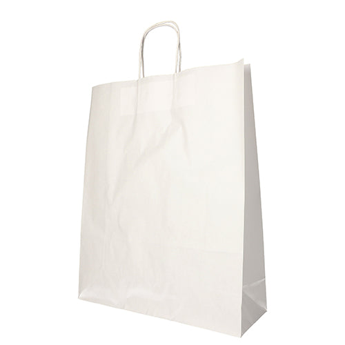 Eine PAPSTAR GmbH PAPSTAR 25 Tragetasche aus umweltfreundlichem Papier mit gedrehtem Tragegriff steht leer und leicht geknittert vor weißem Hintergrund.