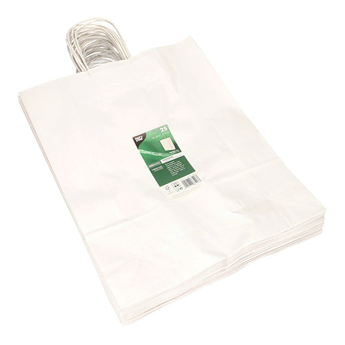 Ein Stapel PAPSTAR 25 Tragetaschen aus Papier mit gedrehtem Tragegriff der Marke PAPSTAR GmbH, ordentlich arrangiert, mit grün-weißem Produktetikett oben und zusammengefassten Henkeln.