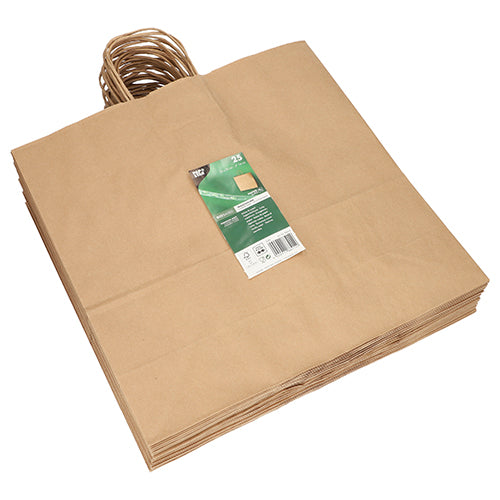 Ein Stapel PAPSTAR 25 Tragetaschen aus Papier mit gedrehtem Tragegriff von PAPSTAR GmbH liegt flach, obenauf einem grün-weißen Etikett, das die umweltfreundlichen Taschen kennzeichnet.