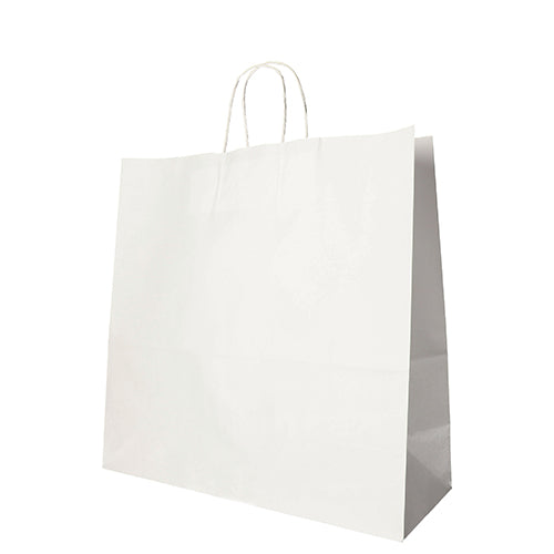 Die PAPSTAR 25 Tragetaschen der PAPSTAR GmbH sind schlichte weiße Papiertüten mit gedrehtem Tragegriff, perfekt als umweltfreundliche Tragetaschen zum Einkaufen oder Verschenken.