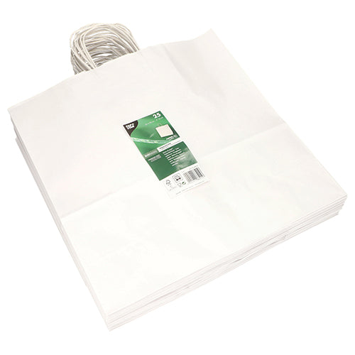Ein Stapel PAPSTAR 25 Tragetaschen aus Papier mit gedrehtem Tragegriff von PAPSTAR GmbH liegt flach, die oberste Tasche zeigt ein grünes und weißes Etikett mit Produktinformationen.