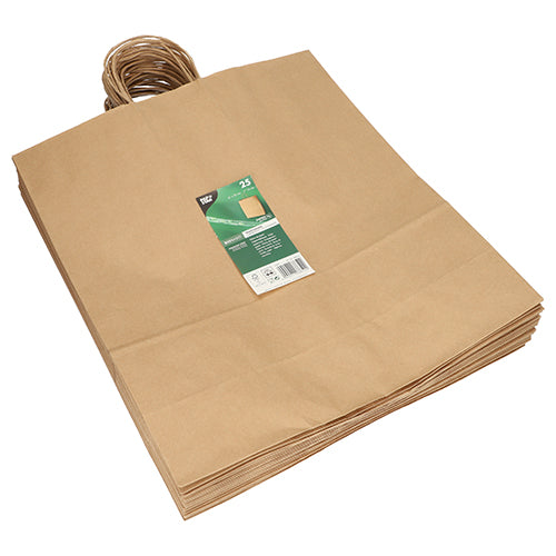 Ein Bündel PAPSTAR 25 Tragetaschen aus braunem Papier mit gedrehtem Tragegriff von PAPSTAR GmbH, gebündelt und mit grünem Etikett als Set ausgewiesen.