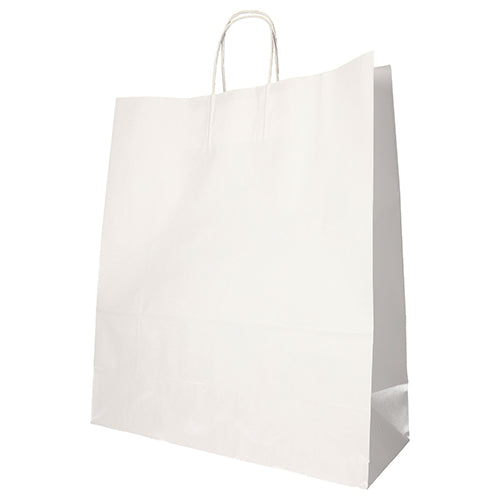 Die PAPSTAR 25 Tragetaschen der PAPSTAR GmbH bestehen aus umweltfreundlichem, weißem Papier und einem gedrehten Tragegriff. Sie stehen aufrecht vor weißem Hintergrund.
