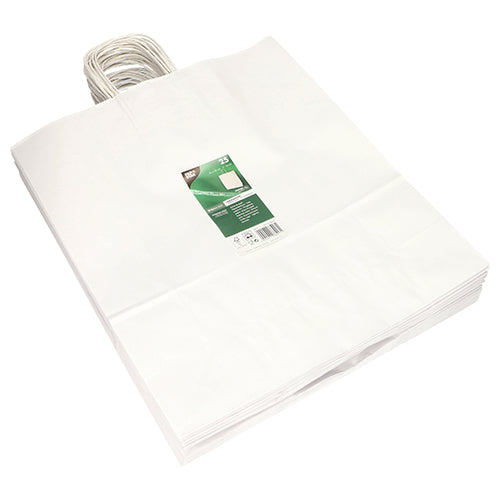 Ein Stapel PAPSTAR 25 Tragetaschen aus Papier mit gedrehtem Tragegriff von PAPSTAR GmbH liegt ordentlich auf weißer Fläche, versehen mit grün-weißem Produktlabel.