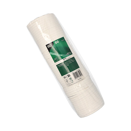 Eine in Plastik verpackte Packung mit 50 weißen runden PAPSTAR Pappdeckeln (Ø 8 cm) für Tassen der PAPSTAR GmbH mit einem grünen Etikett mit Produktinformationen, Symbolen, Barcode und Umweltdetails auf schlichtem weißem Hintergrund.