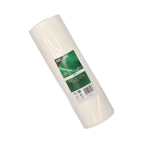 Ein Set mit 50 weißen, runden Deckeln für Trinkbecher (Ø 9 cm) der PAPSTAR GmbH mit Folienbeschichtung, abgebildet mit einem grün-weißen Etikett mit Icons und Text für den hygienischen Getränketransport und Karton mit Folienbeschichtung.