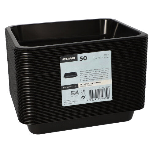 Ein Stapel von 50 schwarzen Starpak Mikrowellenschalen, PP, mit einem Frontetikett mit Produktinformationen und Barcode. Die Schalen sind mikrowellengeeignet zum einfachen Aufwärmen.