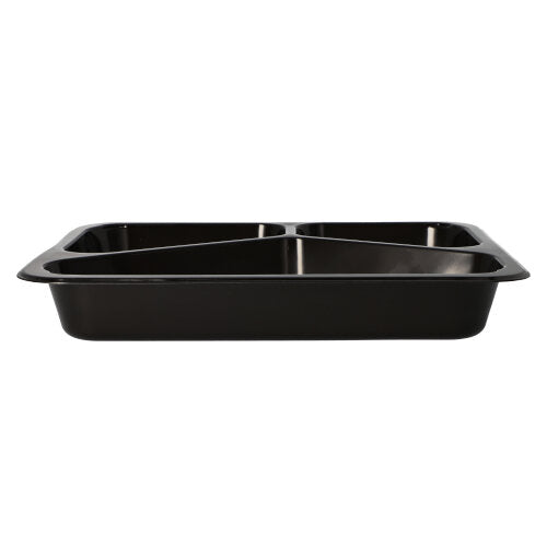 Die Starpak 50 Mikrowellenschalen, PP sind eine schwarze, rechteckige Lebensmittelschale aus Polypropylen mit drei Fächern, die in der Seitenansicht vor einem weißen Hintergrund dargestellt sind – perfekt als wiederverwendbare Mikrowellenschalen.