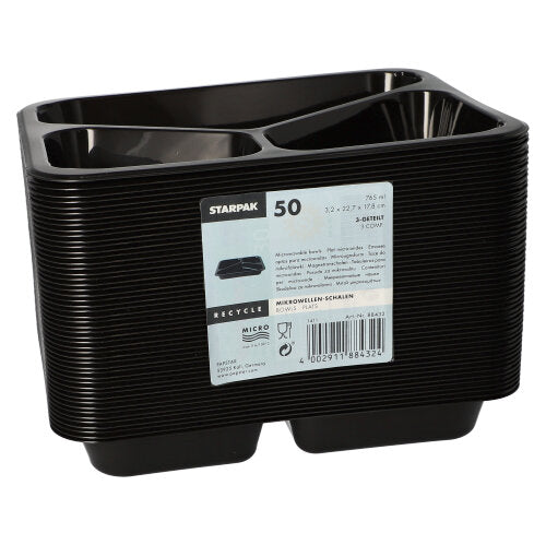 Ein Stapel schwarzer Starpak 50 Mikrowellenschalen aus Polypropylen mit geteilten Fächern, wiederverwendbar und vorne mit einem hellblauen Etikett samt Produktinfos und Barcode der Marke Starpak ausgezeichnet.