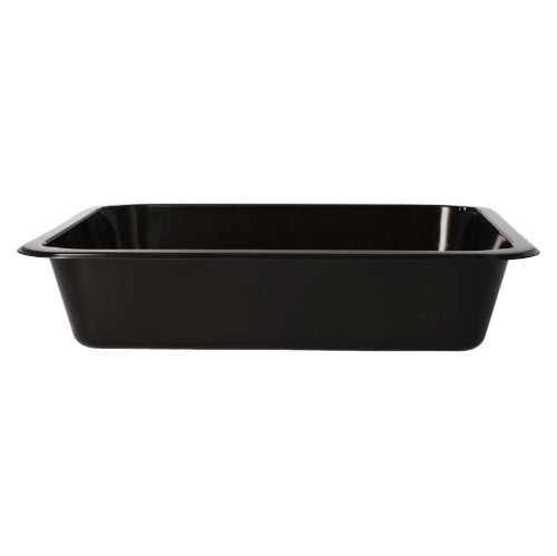 Die Starpak 50 Mikrowellenschalen, PP, ist eine rechteckige, schwarze Backform mit leicht abgewinkelten Seiten und flachem Rand aus wiederverwendbarem Polypropylen. Ideal zum täglichen Kochen und für die Mikrowelle. Marke: Starpak. Abbildung auf weißem Hintergrund.