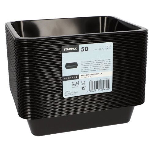Ein Stapel Starpak 50 Mikrowellenschalen, PP – schwarze, quadratische Behälter mit weißem Starpak-Etikett. Hergestellt aus robustem Polypropylen, wirken sie robust und wiederverwendbar.