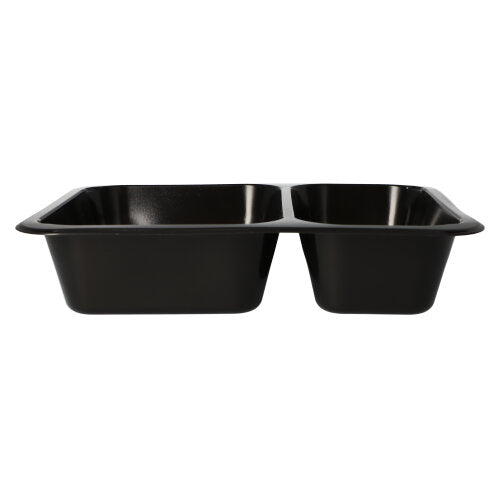 Eine schwarze, rechteckige Starpak 50 Mikrowellenschalen, PP-Schale mit zwei gleich großen Fächern, Seitenansicht auf weißem Hintergrund. Perfekter wiederverwendbarer Mikrowellenbehälter von Starpak für die einfache Zubereitung von Mahlzeiten oder die Aufbewahrung von Lebensmitteln.