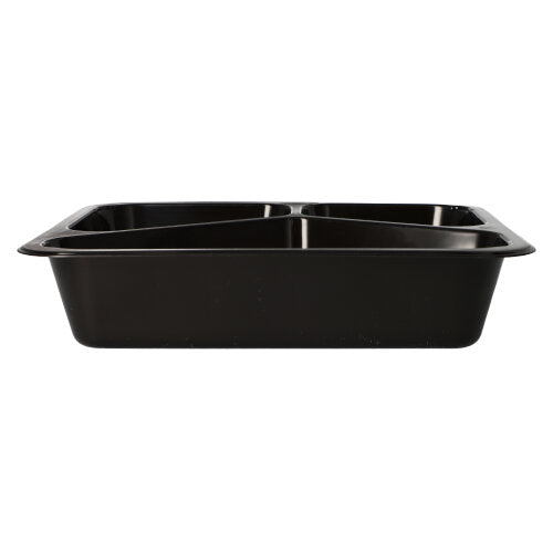 Eine schwarze Starpak 50 Mikrowellenschalen PP-Lebensmittelschale mit zwei Fächern, seitlich vor weißem Hintergrund abgebildet. Diese wiederverwendbare Schale eignet sich ideal für die nachhaltige Aufbewahrung von Mahlzeiten.