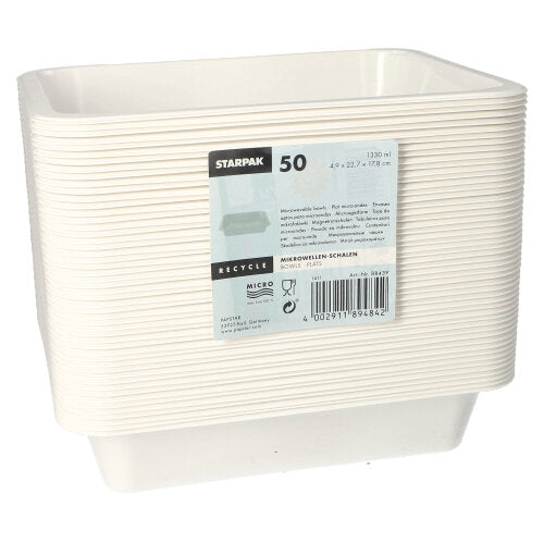 Ein Stapel Starpak 50 Mikrowellenschalen, PP-Behälter von Starpak, weiß und rechteckig, mit Recycling-Informationen und einem Barcode auf der Vorderseite.