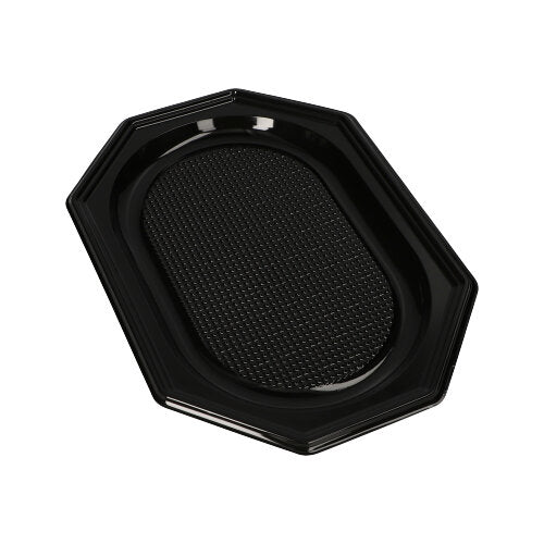 Die Starpak 10 Servierplatten, PET schwarz von Starpak sind schwarze, achteckige Kunststoffschalen mit strukturierter ovaler Mitte auf weißem Hintergrund – perfekt für Catering-Events.