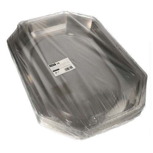 Ein Stapel ovaler Starpak 10 Deckel für Servierplatten von Starpak aus transparentem PET, eingewickelt in durchsichtigen Kunststoff mit einem Barcode und einem Produktinformationsaufkleber auf der Oberseite, sorgt für optimale Frische für Serviertabletts mit abgewinkelten Kanten.