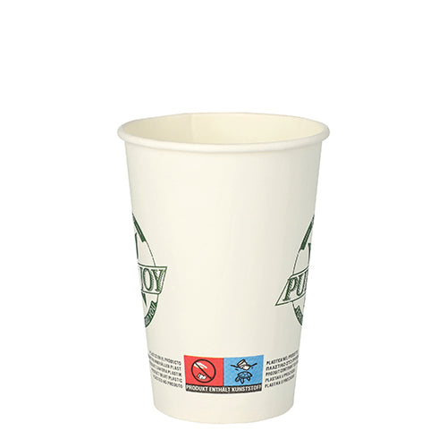 Der weiße Einweg-Pappbecher „Pure Freude“ (0,25 l, Ø 8 cm, 10,8 cm) der PAPSTAR GmbH ist mit grün-rotem Symbol- und Textaufdruck auf weißem Hintergrund abgebildet. Packung enthält 50 Becher.