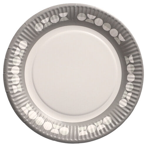 Der 10er Teller der PAPSTAR GmbH, Pappe rund Ø 23 cm, hat einen grauen Rand mit weißen Kreisen und Dreiecken und eine weiße Mitte. Dieser unbenutzte Einwegteller ist ideal für Partys und Veranstaltungen und wurde von oben fotografiert.