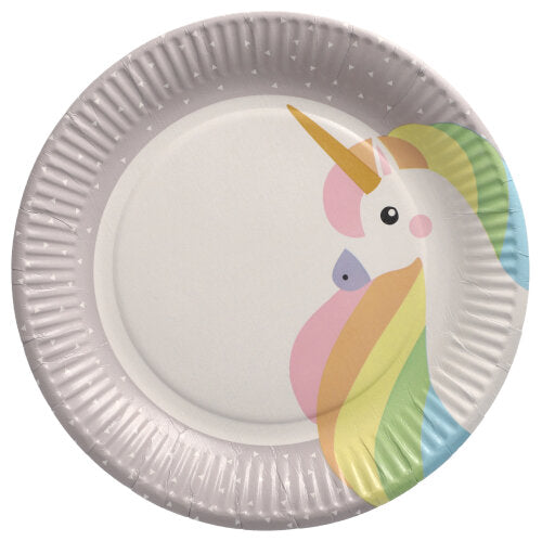 Die PAPSTAR GmbH 10 Teller aus Pappe, rund Ø 23 cm, sind in hellem Grau mit buntem Einhorn-Kopf und dezent gemustertem Rand – ideal für Partys und Events.