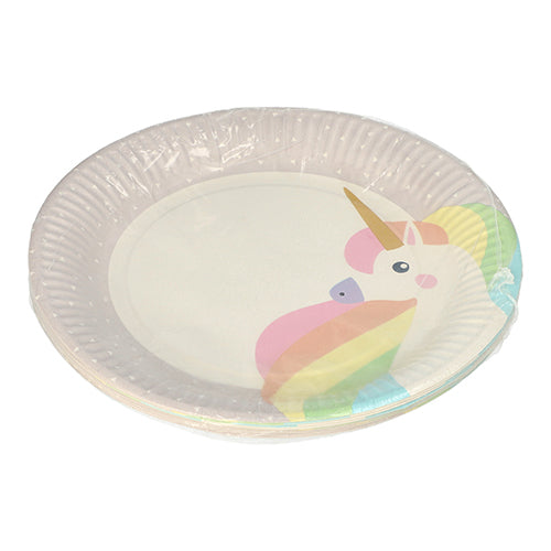 Ein Stapel PAPSTAR 10 Teller, Pappe rund Ø 23 cm der PAPSTAR GmbH, teilweise in Folie eingewickelt und mit einem bunten Cartoon-Einhorn dekoriert – ideal für Partys und Events.