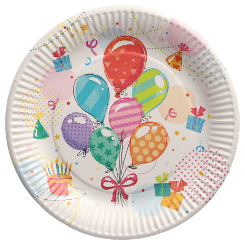 Die PAPSTAR 10 Teller, Pappe rund Ø 23 cm von PAPSTAR GmbH sind aus stabiler Pappe mit Ballon-, Geschenkbox- und Konfetti-Motiv auf weißem Hintergrund – ideal für Partys und Veranstaltungen.
