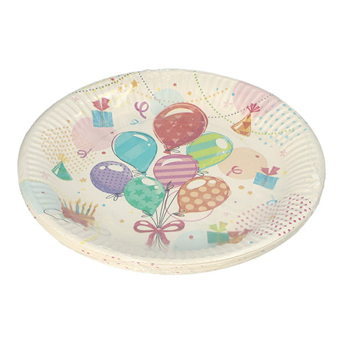 PAPSTAR 10 Teller, Pappe rund Ø 23 cm von PAPSTAR GmbH mit buntem Party-Design aus Ballons, Geschenken, Konfetti und Geburtstagstorte – ideale Einwegteller für Partys und Geburtstagsfeiern.