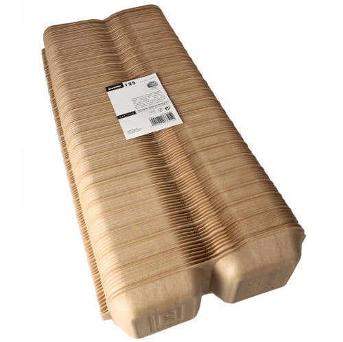 Ein Stapel Starpak 125 Hamburger-Boxen groß mit Klappdeckel, XPP 7x15x15cm beige (125 Stück) wird gezeigt, gebündelt mit einem Etikett oben – ideal für den Transport und das Servieren von Hamburgern.