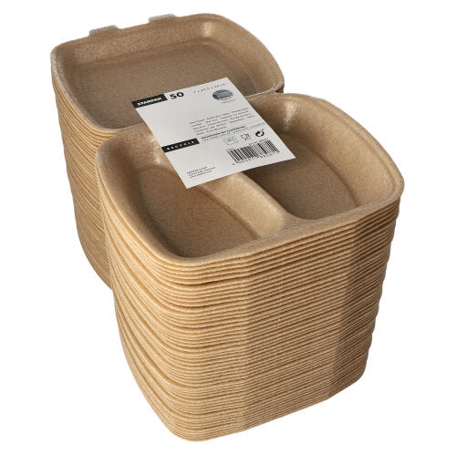 Ein Stapel rechteckiger, beigefarbener Starpak 50 Menüboxen mit Klappdeckel (XPP, 7x20,5x24 cm) mit zwei Fächern ist in der Draufsicht dargestellt. Die obere Box trägt ein weißes Etikett mit Text und Barcode. Ideal für den Transport von Lebensmitteln.
