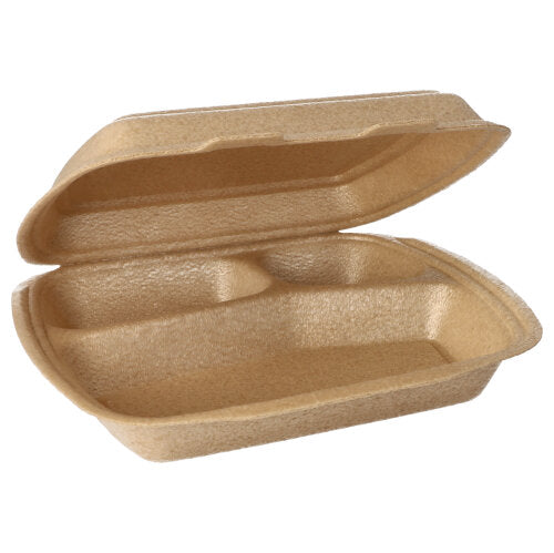 Die Starpak 50 Menüboxen mit Klappdeckel (beige, 7x20,5x24 cm) sind im geöffneten Zustand mit ihren unterteilten Fächern und der strukturierten Oberfläche ideal für den Transport von Speisen geeignet.
