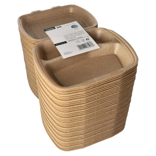 Ein Stapel beigefarbener Starpak 50 Menüboxen mit Klappdeckel (XPP, 7x20,5x24 cm) mit weißem Etikett mit Produktinformationen und Barcodes. Die Boxen haben leicht erhöhte Kanten und eignen sich ideal für den Transport von Speisen.