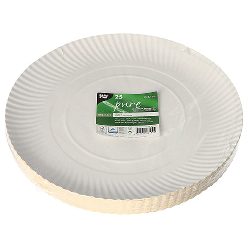 PAPSTAR GmbH 25 Teller, Pappe "pure" rund weiss: Weiße Einweg-Pappteller aus nachhaltiger Pappe, jede Packung enthält 25 umweltfreundliche Teller mit geriffeltem Rand und grün-weißem Etikett, verpackt in transparenter Folie.