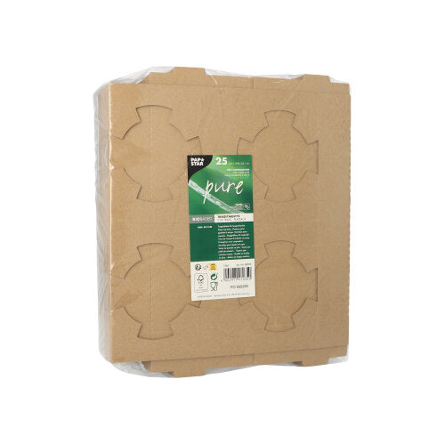 Ein Stapel PAPSTAR 25 Tragetabletts, Pappe "pure" (3,6 x 19,8 x 24,1 cm, braun) für 4 Suppenbecher, in Folie eingeschweißt mit einem grün-weißen Etikett mit Produktinformationen der PAPSTAR GmbH (25 Stück).