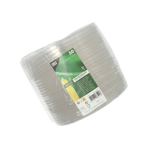Eine Packung mit 50 transparenten, runden Salatschüsseldeckeln aus PLA der PAPSTAR GmbH (2 cm hoch), ideal zum Frischhalten von Salaten und perfekt passend zu transparenten Kunststofftellern.