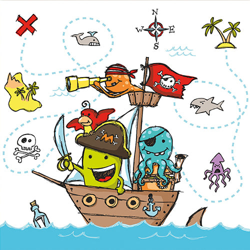 Cartoon-Meerestiere als Piraten und gekritzelte Schätze schmücken die PAPSTAR GmbH 20 Servietten, 33x33 cm, 3-lagig, 1/4-Falz Design Set 2 - perfekte Servietten für jede Mottoparty.