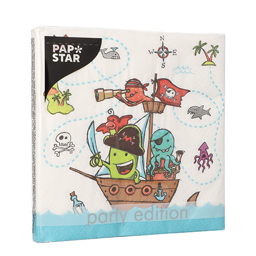Die PAPSTAR 20 Servietten (33x33 cm, 3-lagig, 1/4 Falz, Design Set 2) der PAPSTAR GmbH zeigen Cartoon-Meerestiere als Piraten auf einem Schiff mit Piratensymbolen und einer Schatzkarte im Hintergrund.