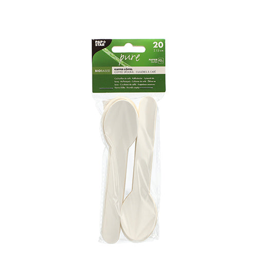 Eine transparente Plastiktüte der PAPSTAR GmbH enthält 20 weiße „reine“ 13 cm große Kaffeelöffel aus Papier. Sie sind umweltfreundlich und ordentlich gestapelt und bieten so eine nachhaltige Lösung. Die Verpackung zeigt das grün-weiße Branding für PAPSTAR 20 Kaffeelöffel Papier.
