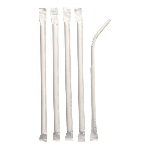 Auf weißem Hintergrund sind fünf einzeln verpackte PAPSTAR 100 flexible Papiertrinkhalme (6 mm x 20 cm, weiß) der PAPSTAR GmbH – vier gerade und einer oben gebogen – abgebildet.