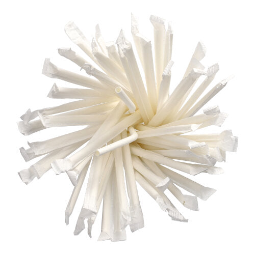 Ein Cluster aus flexiblen, einzeln verpackten weißen Papiertrinkhalmen (Ø 6 mm, 20 cm) PAPSTAR 100 der PAPSTAR GmbH ist kreisförmig angeordnet und von oben vor einem weißen Hintergrund betrachtet.