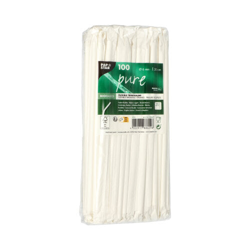 Eine Klarsichtverpackung enthält 100 weiße, flexible PAPSTAR Papier-Trinkhalme „pure“ (Ø 6 mm, 20 cm), einzeln verpackt. Das grüne Etikett der PAPSTAR GmbH zeigt Produkt- und Öko-Informationen – biologisch abbaubar und recycelbar.