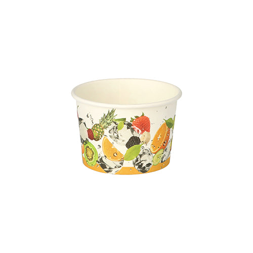 Der PAPSTAR 50 Eisbecher der PAPSTAR GmbH ist ein kleiner, runder, weißer Pappbecher mit farbenfrohen Frucht- und Wasserspritzer-Motiven, ideal zum Servieren von Desserts oder Eis. Der leere Becher ist auf einem schlichten weißen Hintergrund abgebildet.