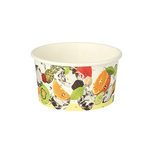 Der PAPSTAR 50 Eisbecher, rund aus Pappe von PAPSTAR GmbH, ist weiß und zeigt Bilder von Früchten wie Kiwi, Orange, Erdbeere, Ananas und Brombeere mit Wasserspritzern – ideal zum Servieren von Eis.