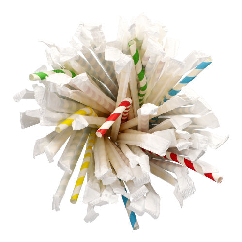 Die PAPSTAR 100 flexiblen Papier-Trinkhalme (Ø 6 mm, 20 cm), einzeln gehüllt, von PAPSTAR GmbH sind in verschiedenen Farben wie rot, gelb, blau und grün gestreift erhältlich und steril verpackt.