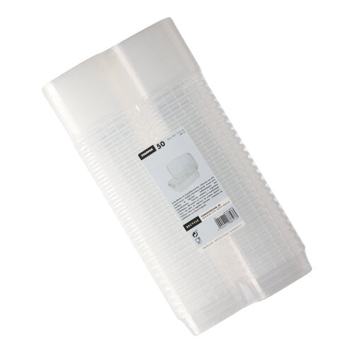 Ein Stapel von 50 Starpak Feinkostbechern, PP transparent mit Originalitätsverschluss eckig, in Klarsichtverpackung mit weißem Etikett mit Produktinformationen und Barcode.