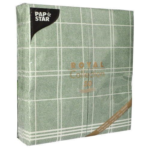 Eine Packung mit 50 PAPSTAR Servietten „Kitchen Craft“ (48 x 33 cm, 1/6-Falz) der PAPSTAR GmbH aus der „ROYAL Collection“ mit grünem Karomuster – ideal für eine stilvolle Tischdekoration. Die Verpackung ist mit gold-weißem Text versehen.