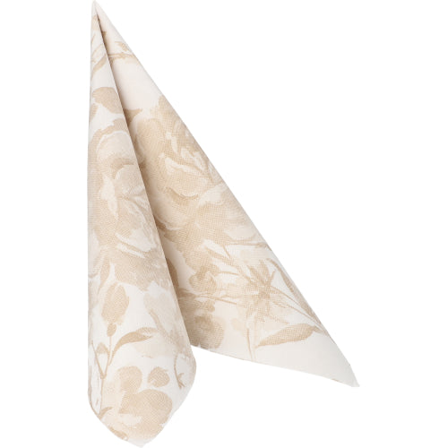 Eine sandfarbene Blumenserviette aus der ROYAL-Kollektion der PAPSTAR GmbH (50 Servietten, 1/4-Falz, 40 x 40 cm) ist vor einem unifarbenen weißen Hintergrund zu einer stehenden Kegelform gefaltet.
