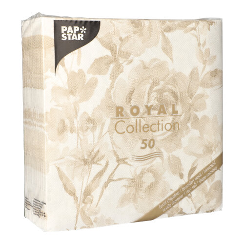 Es handelt sich um ein 50er-Pack PAPSTAR "ROYAL Collection" 1/4-Falz-Servietten (40 x 40 cm) in Sand, deren transparente Verpackung die beigen Servietten und das Branding der PAPSTAR GmbH auf der Vorderseite zeigt.