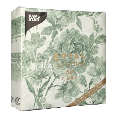 Ein 50er-Pack PAPSTAR "ROYAL Collection" Servietten (40 x 40 cm, grün, 1/4-Falz) von PAPSTAR GmbH - perfekt für festliche Anlässe.
