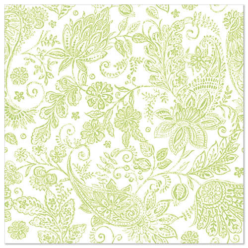Die PAPSTAR GmbH 50 Servietten "ROYAL Collection" (1/4-Falz, 40 x 40 cm, grün) zeigen ein detailreiches hellgrünes Blumen- und Paisleymuster auf Weiß - ideal für festliche Anlässe, denn Blumen, Blätter und Ranken zieren die gesamte Serviette.